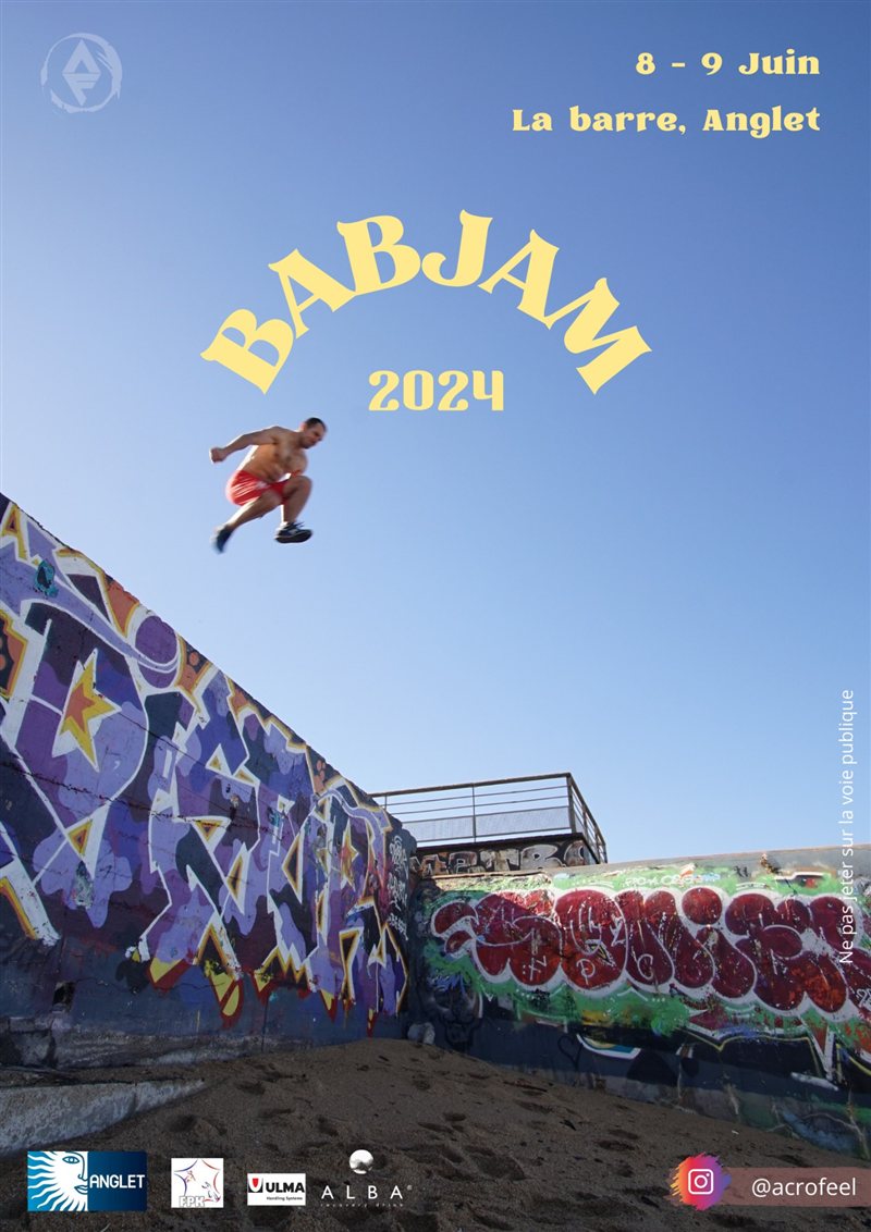 Affiche de la BAB Jam 2024, les 8 et 9 juin à La Barre, Anglet : un traceur en plein saut devant un mur de graffitis